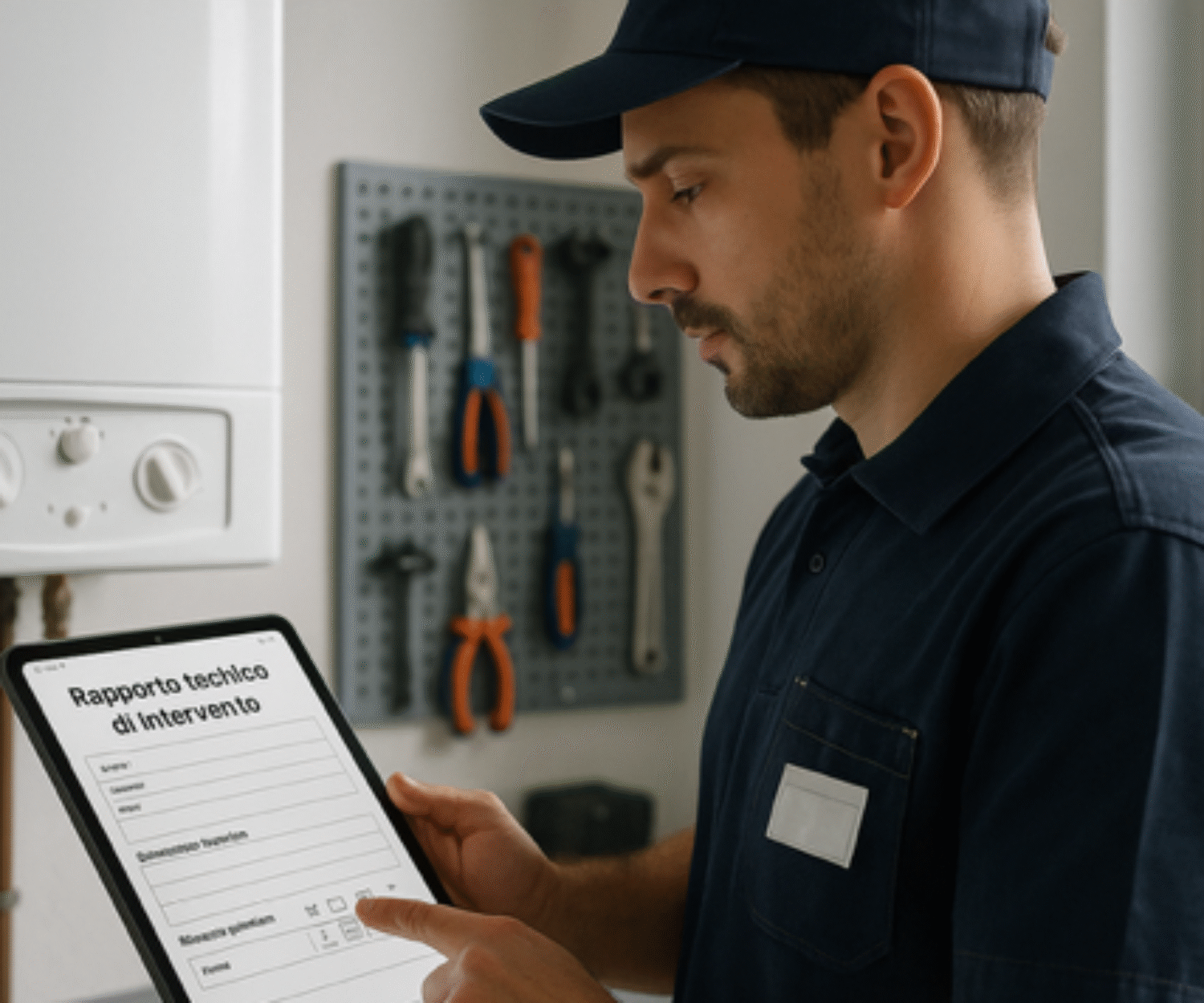 Tecnico compila un rapporto tecnico chiamato anche rapportino di lavoro o di intervento su tablet durante una manutenzione