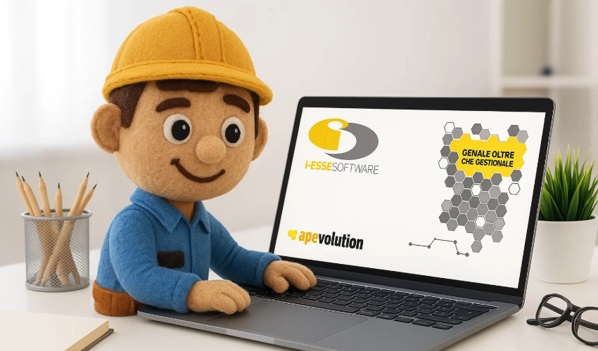 Tecnico che utilizza il gestionale per impiantisti apevolution su laptop in ufficio