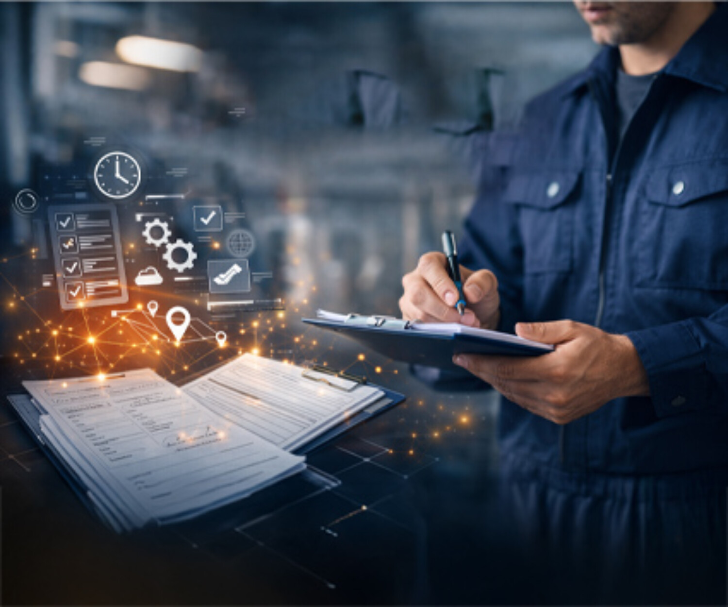 Tecnico che compila rapportini di lavoro con elementi grafici che richiamano la gestione digitale degli interventi